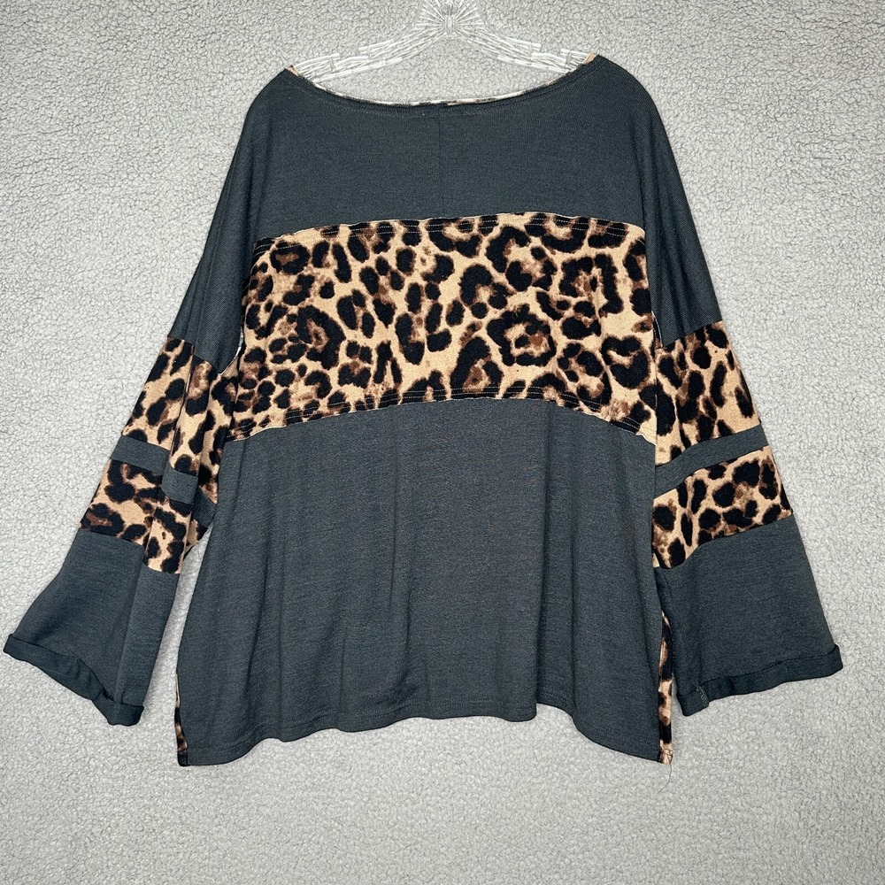Umgee‎ USA Slouchy Tunic Top Size Large Leopard Print Colorblock Gray Oversized - Picture 8 of 10